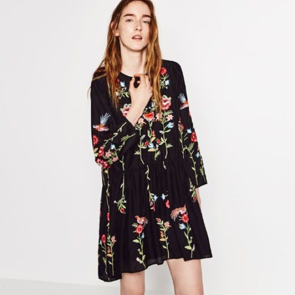 Zara Long Sleeve Embroidered Floral Mini Dress size S Black/ Multi - Picture 13 of 13